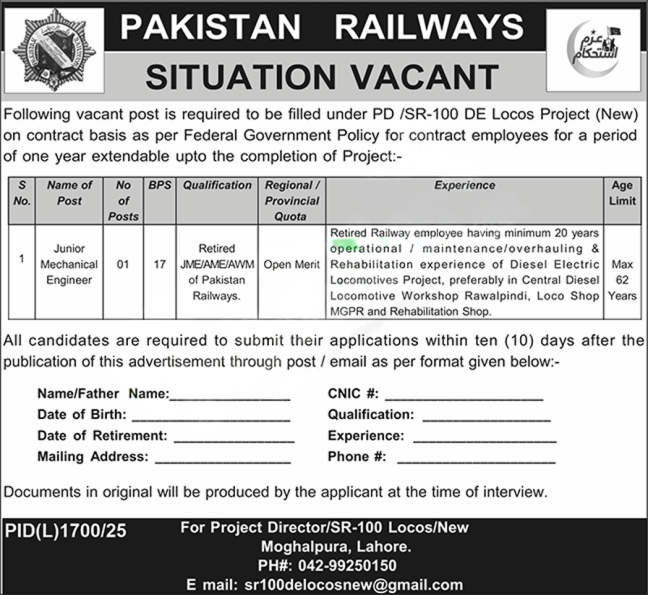 Railway Headquarters Lahore Jobs 2026